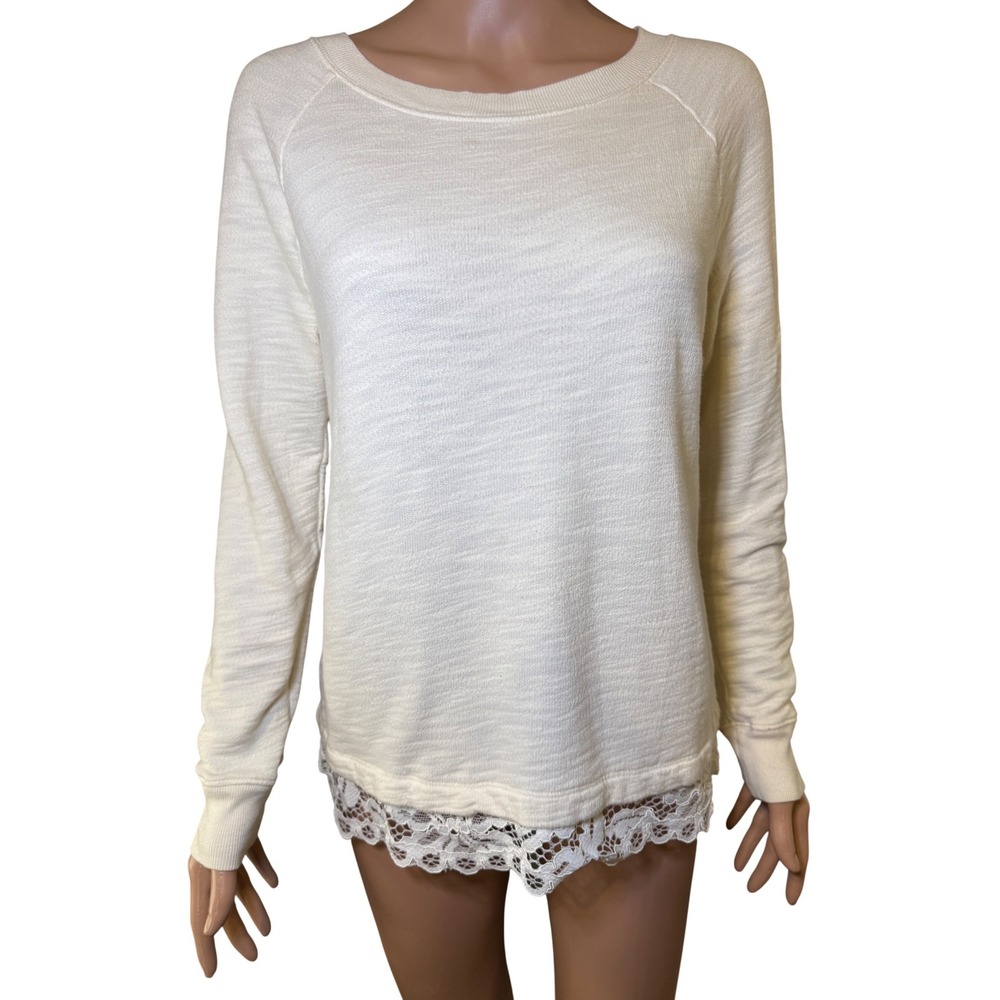 LOFT Womens Cream Slub Knit Lace Trim Hem Raglan Long Sleeve Top Small